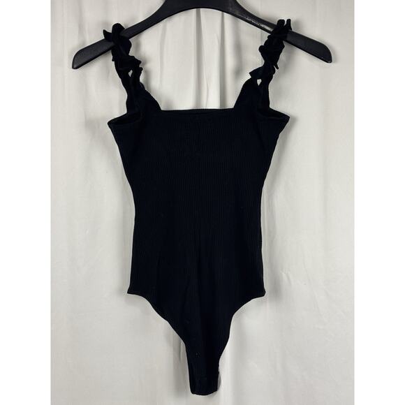 Reformation Ruffle Strap Bodysuit Ribbed Black Size S Coquette Whimsygoth - Picture 2 of 7